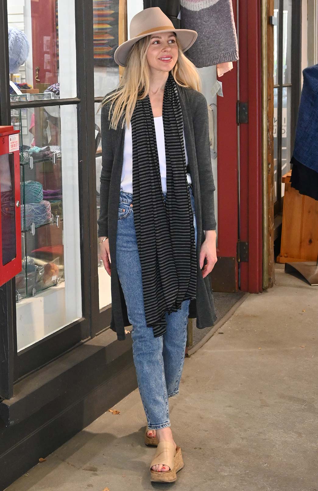 Black Grey Stripe Women's Merino Wool Plain Scarf