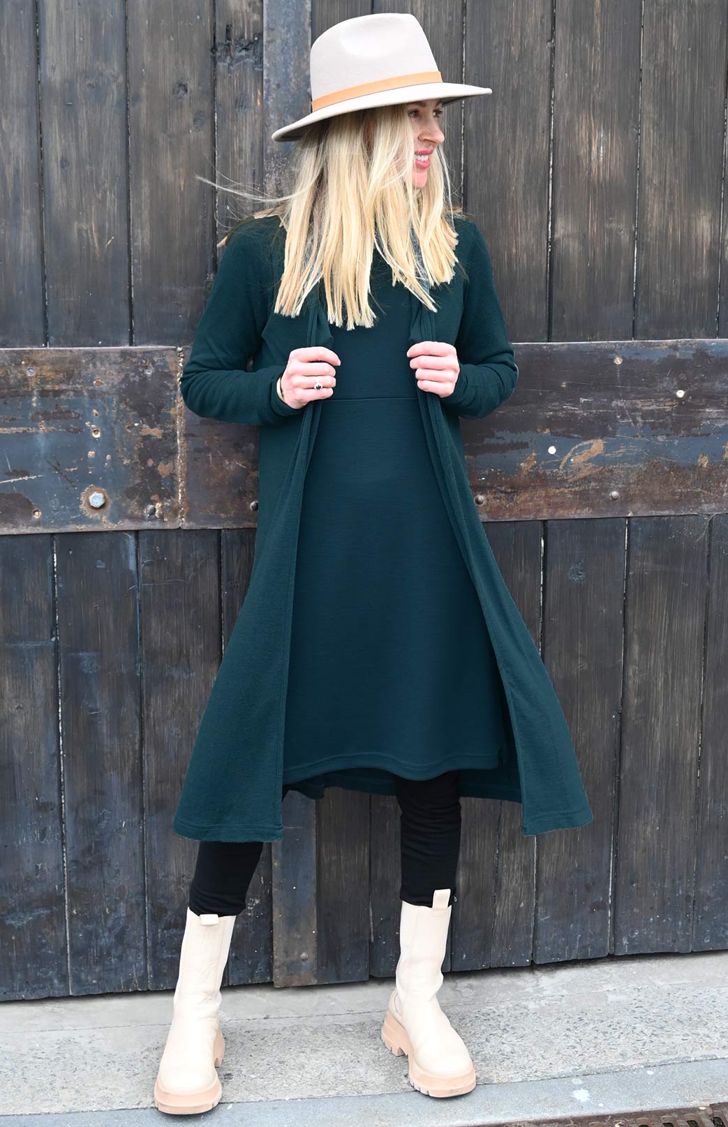 Deep Sea Green Women's Merino Wool Straight Dress with Long Sleeves