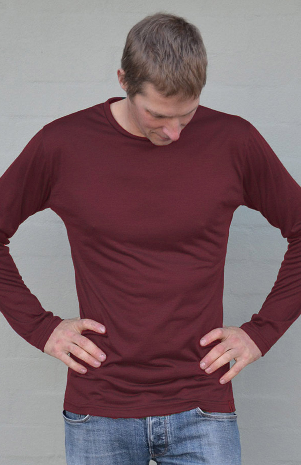 Burgundy Red Men's Merino Wool Ultralight Long Sleeve Crew Neck Top