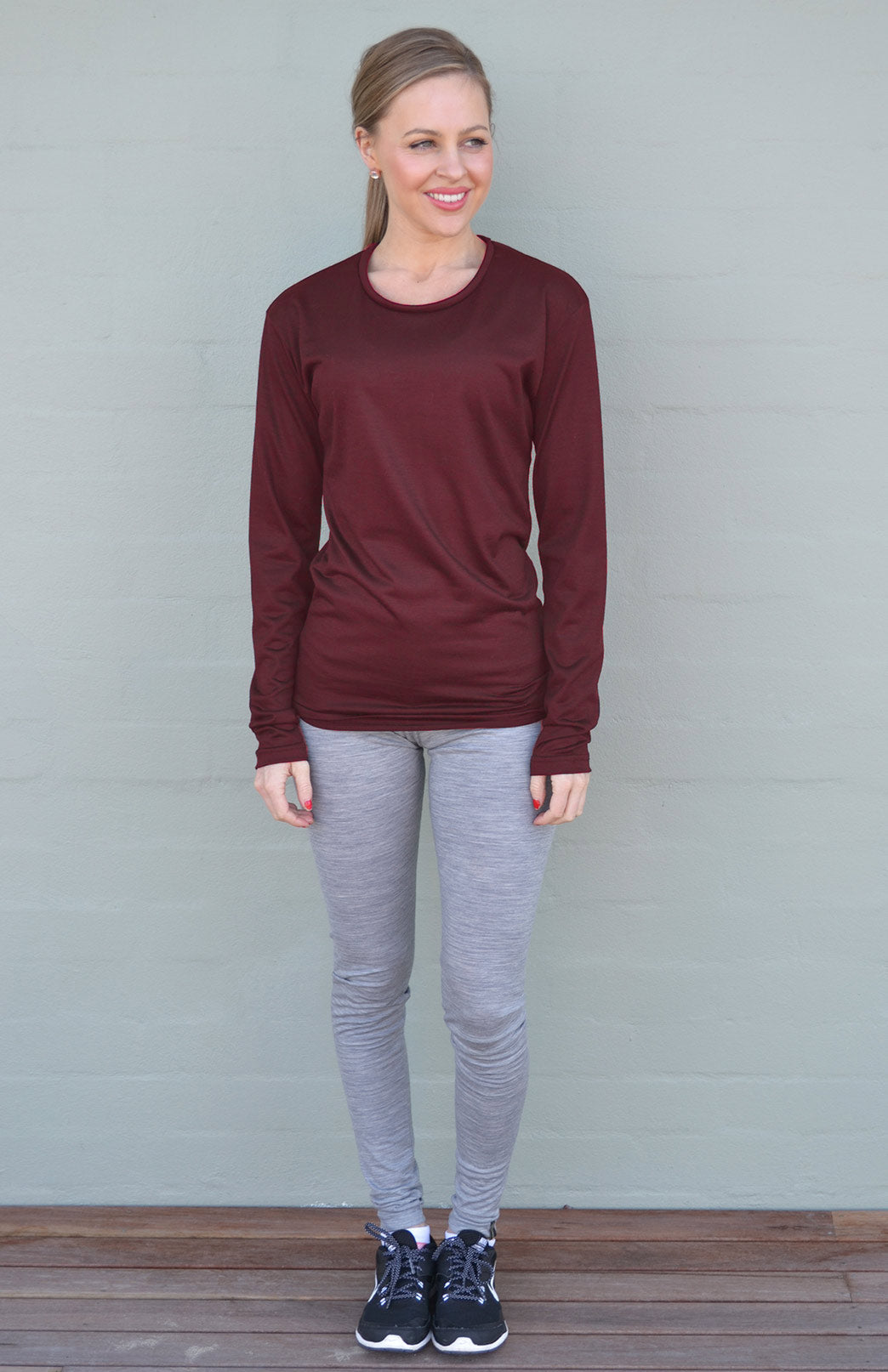 Burgundy Red Women's Merino Wool Long Sleeve Lightweight Crew Neck Top
