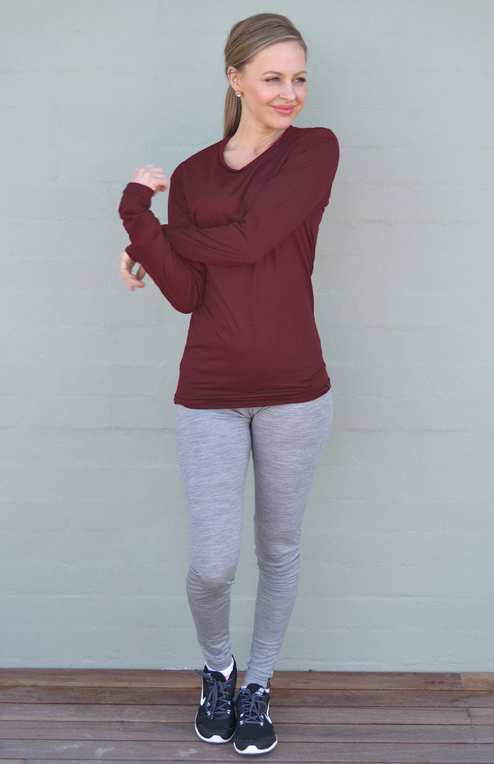 Burgundy Red Women's Merino Wool Long Sleeve Lightweight Crew Neck Top