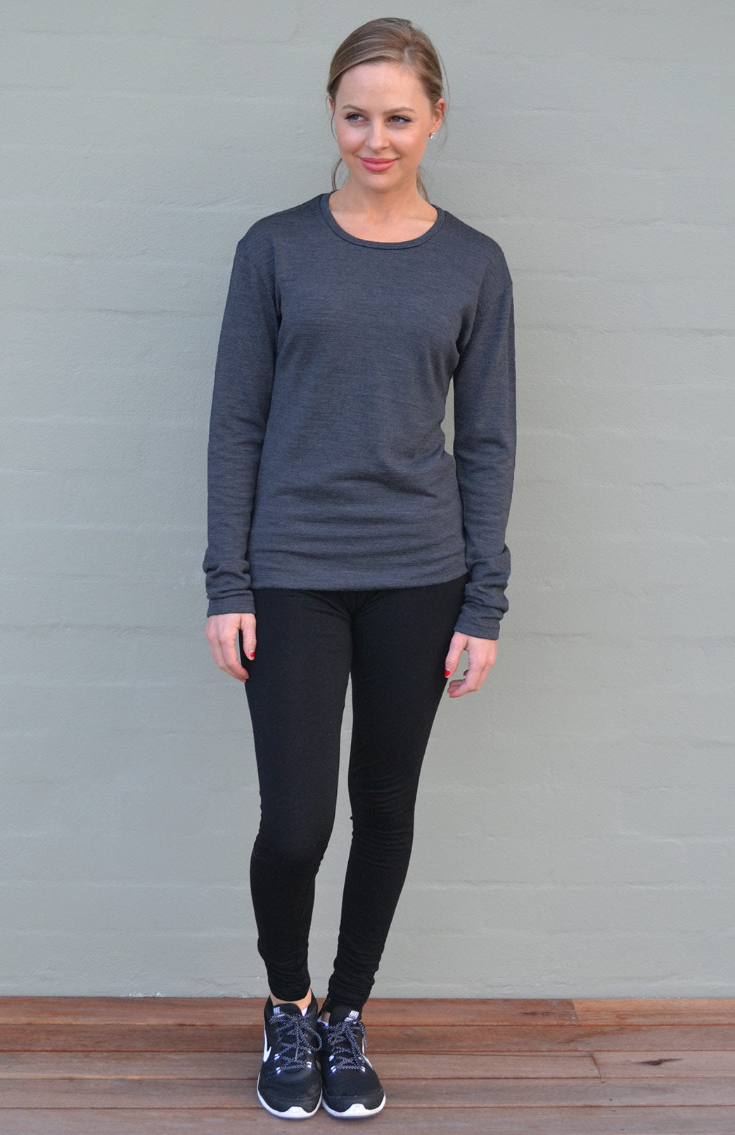 Charcoal Marl Women's Merino Wool Long Sleeve Lightweight Crew Neck Top