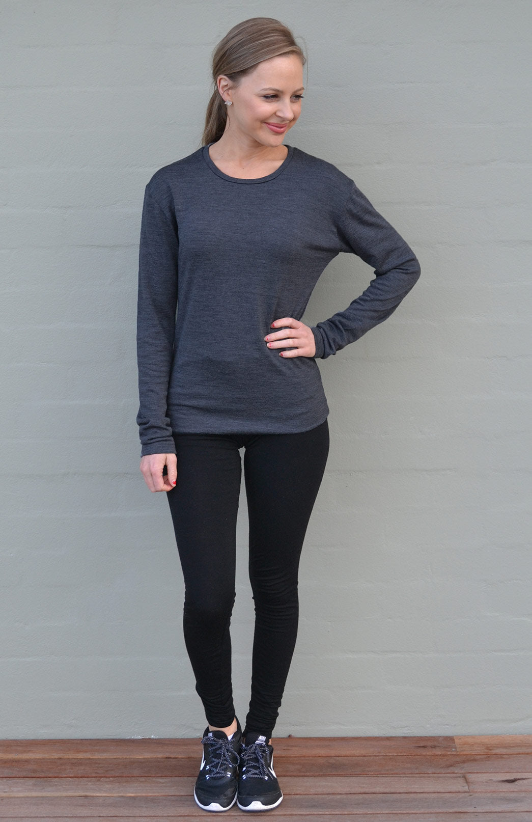 Charcoal Marl Women's Merino Wool Long Sleeve Lightweight Crew Neck Top