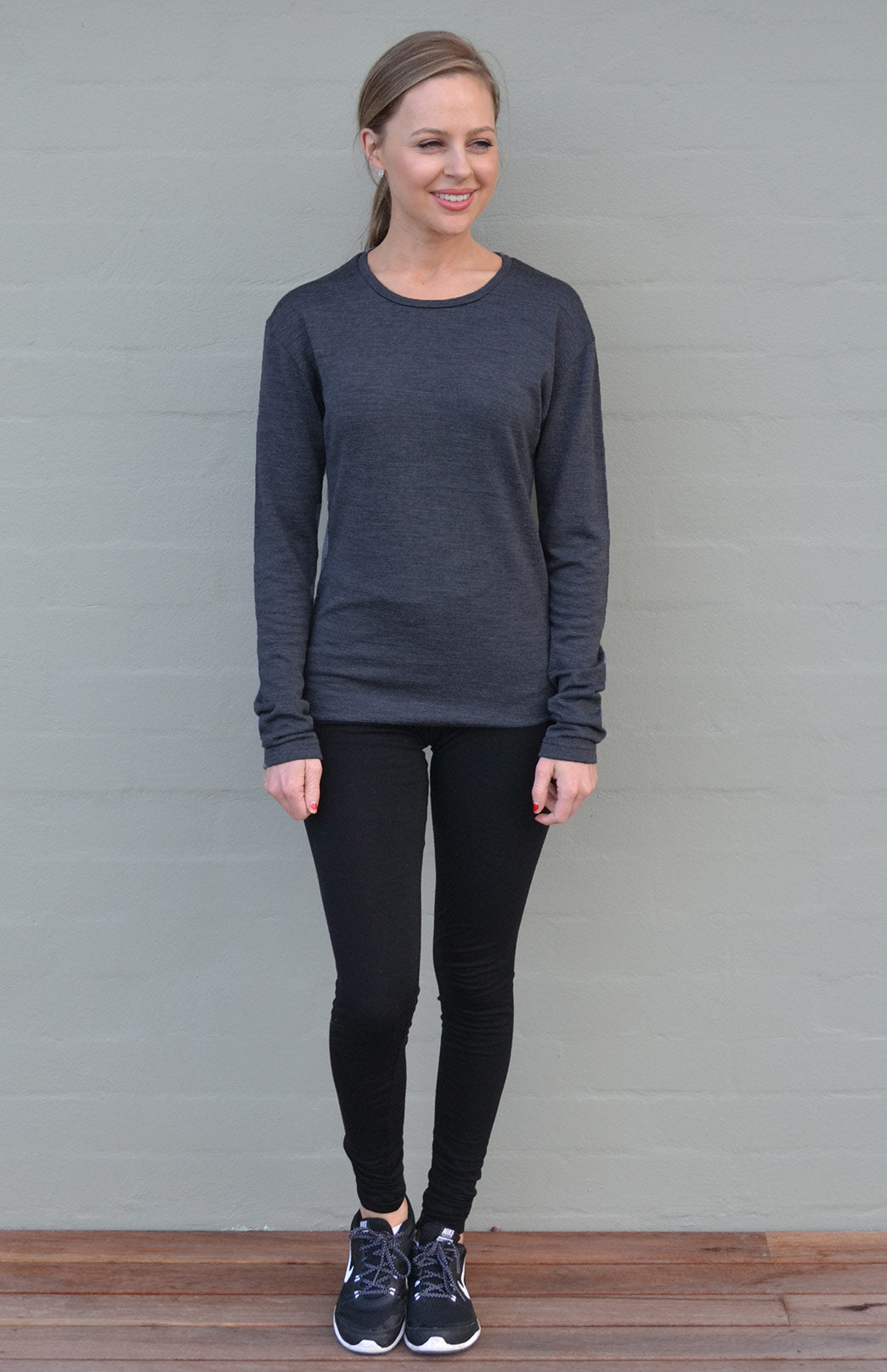 Charcoal Marl Women's Merino Wool Long Sleeve Lightweight Crew Neck Top