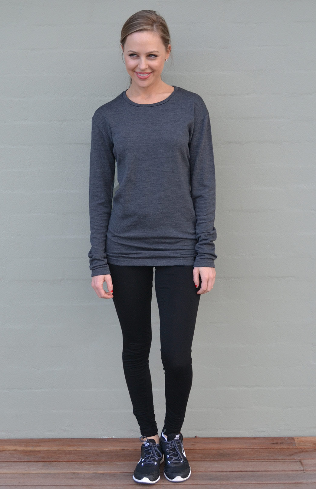 Charcoal Marl Women's Merino Wool Long Sleeve Lightweight Crew Neck Top