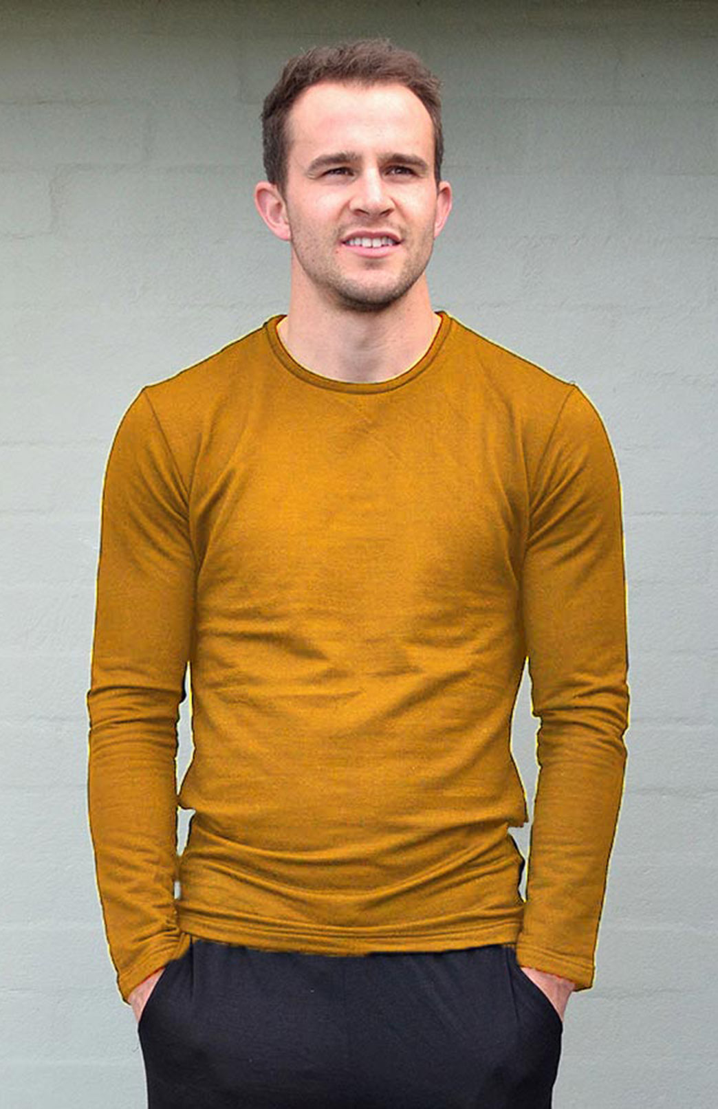 Kale Green Men&#39;s Merino Wool Long Sleeve Lightweight Crew Neck Top
