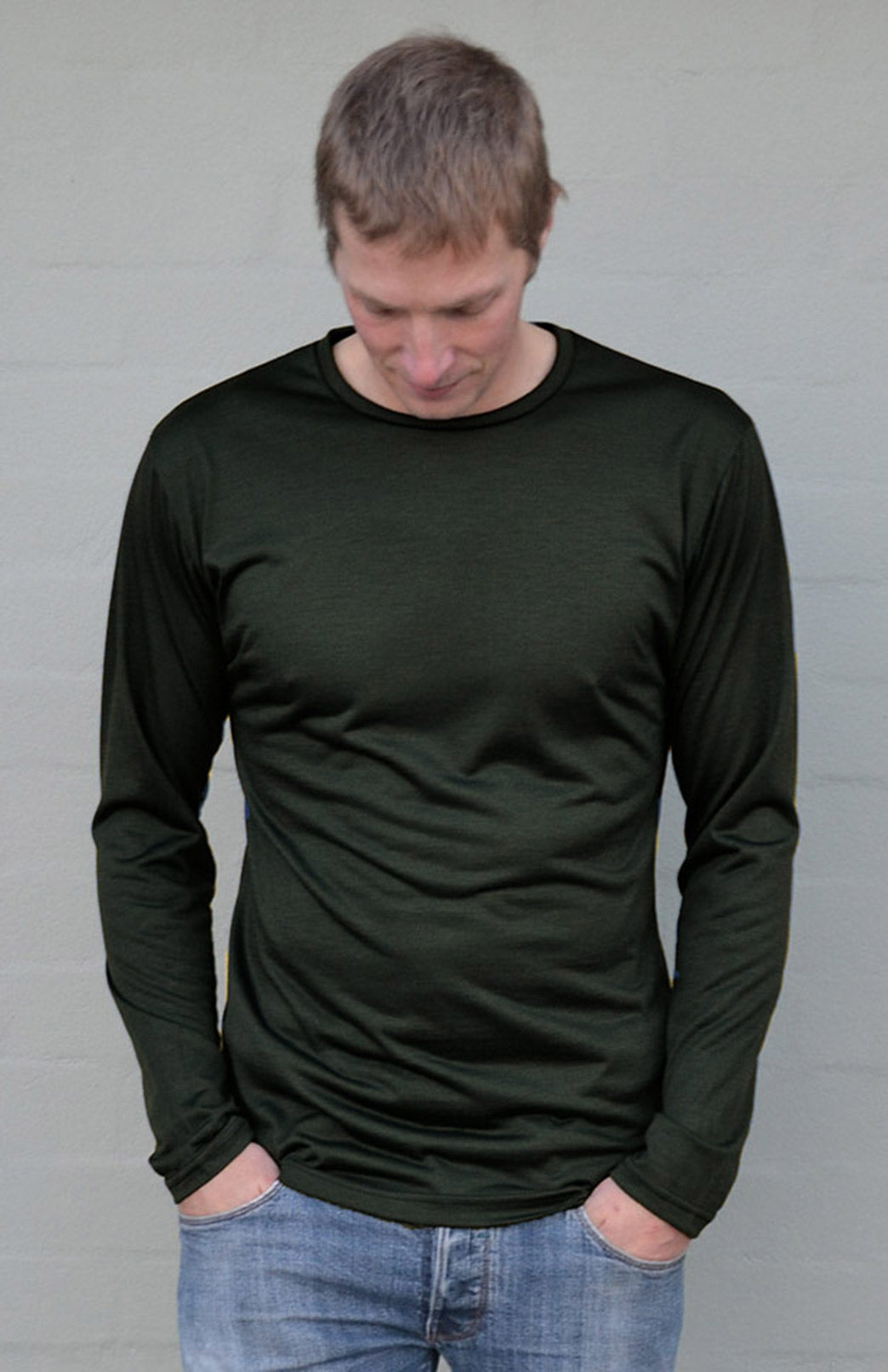 Kale Green Men's Merino Wool Ultralight Long Sleeve Crew Neck Top