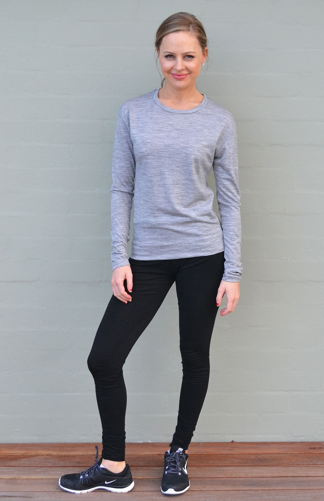 Light Grey Marl Women's Merino Wool Long Sleeve Lightweight Crew Neck Top