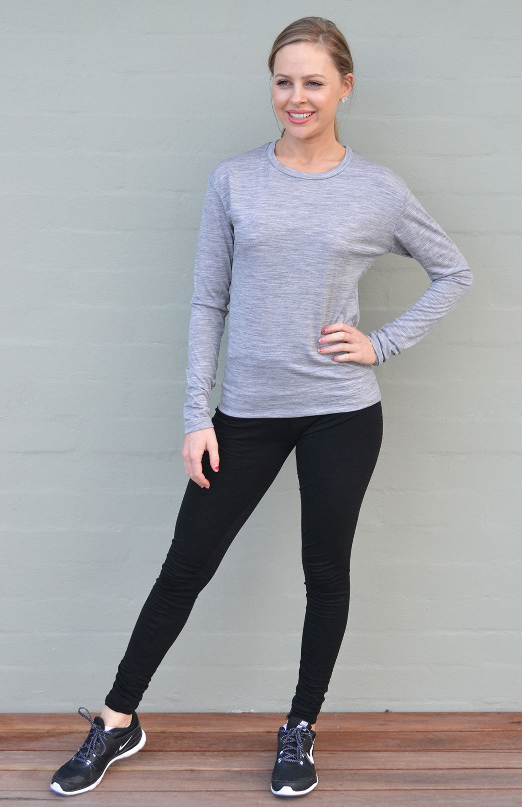 Light Grey Marl Women's Merino Wool Long Sleeve Lightweight Crew Neck Top