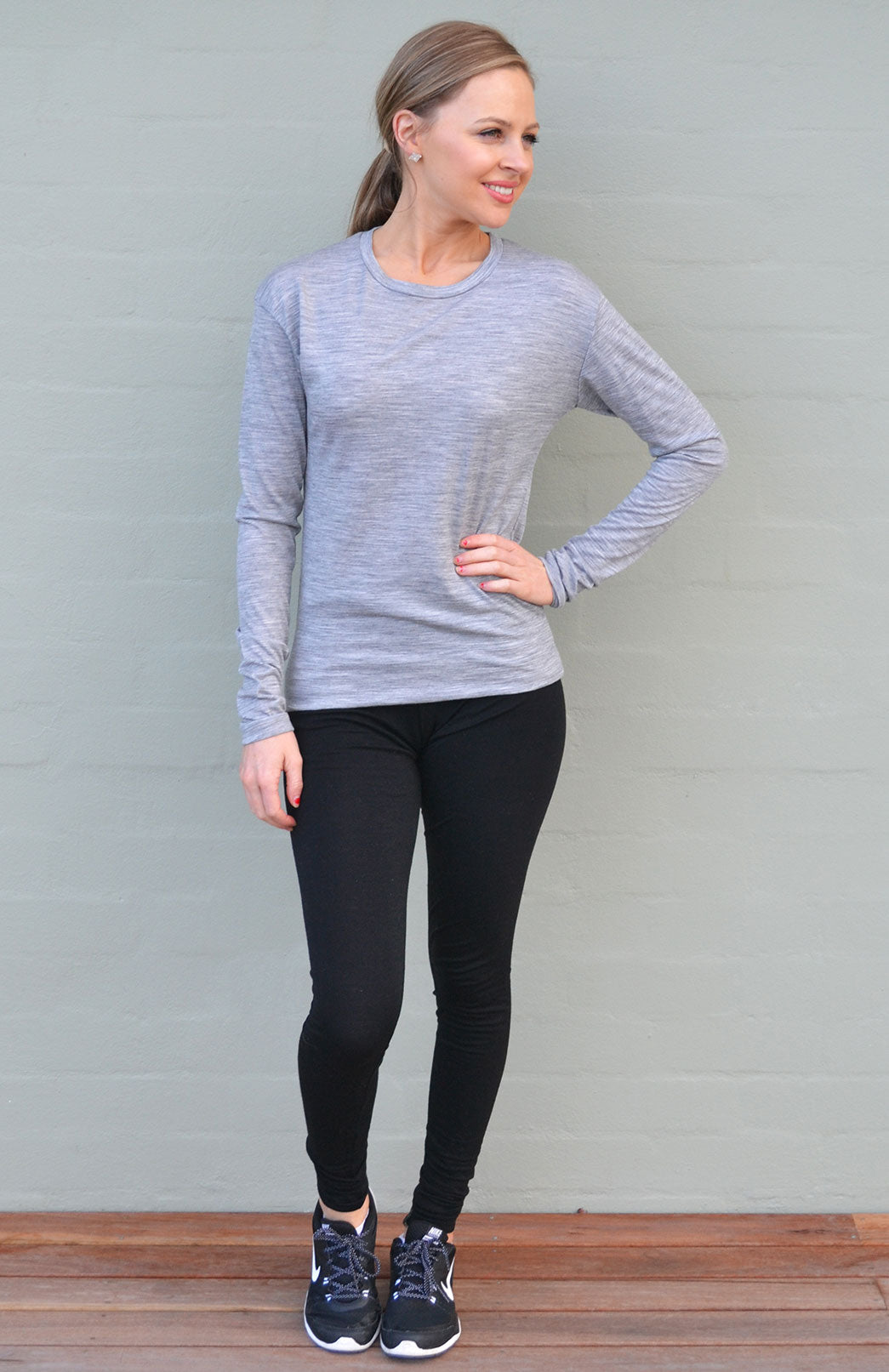 Light Grey Marl Women's Merino Wool Long Sleeve Lightweight Crew Neck Top