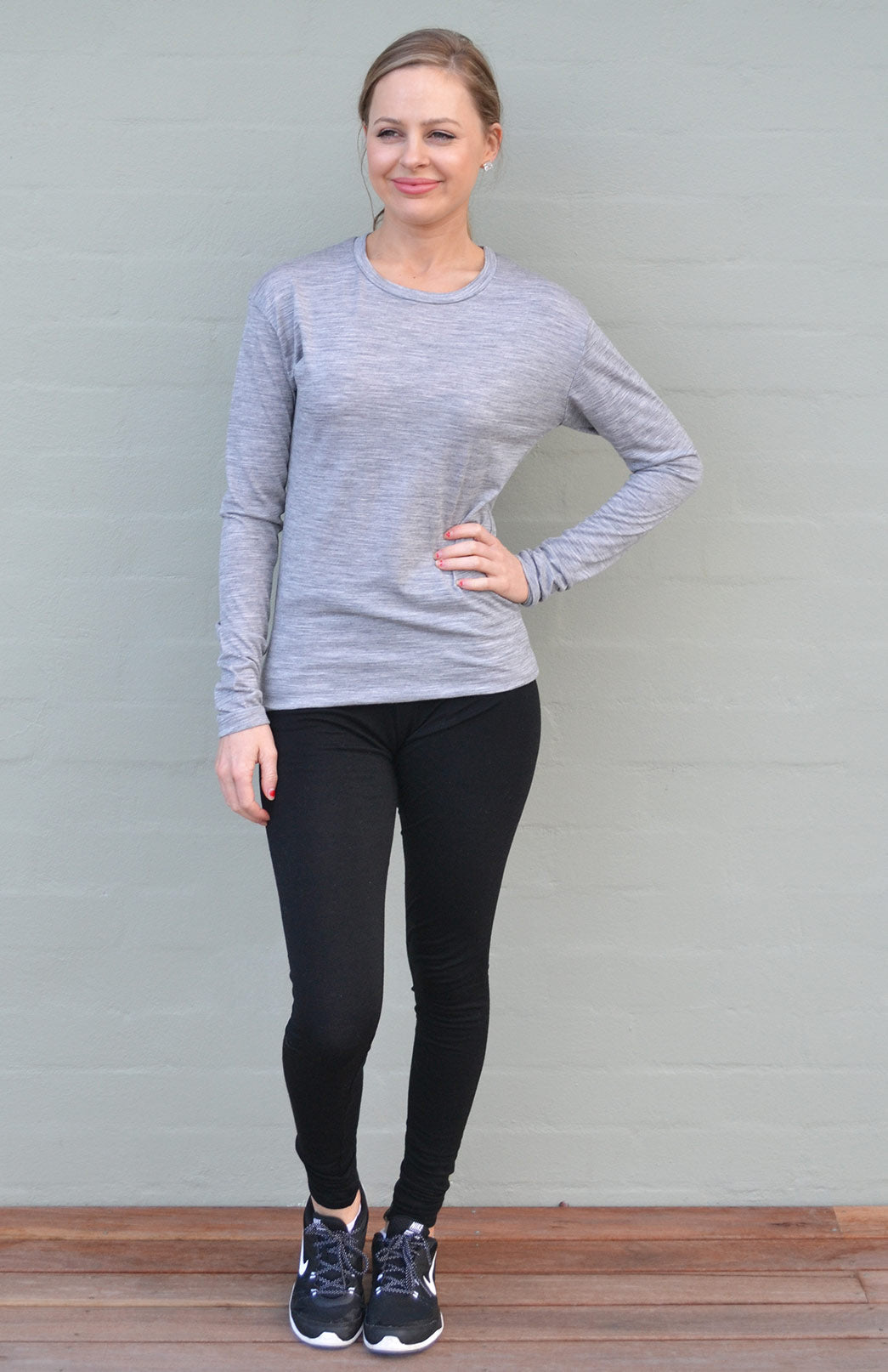 Light Grey Marl Women's Merino Wool Long Sleeve Lightweight Crew Neck Top