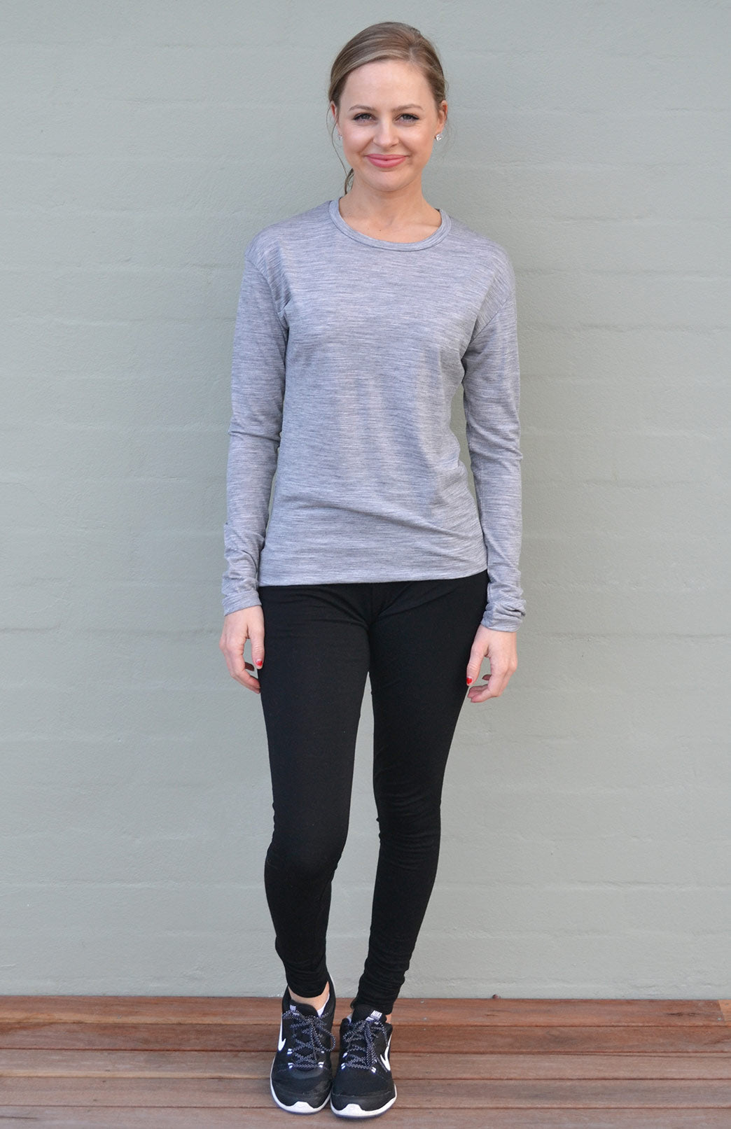 Light Grey Marl Women's Merino Wool Long Sleeve Lightweight Crew Neck Top