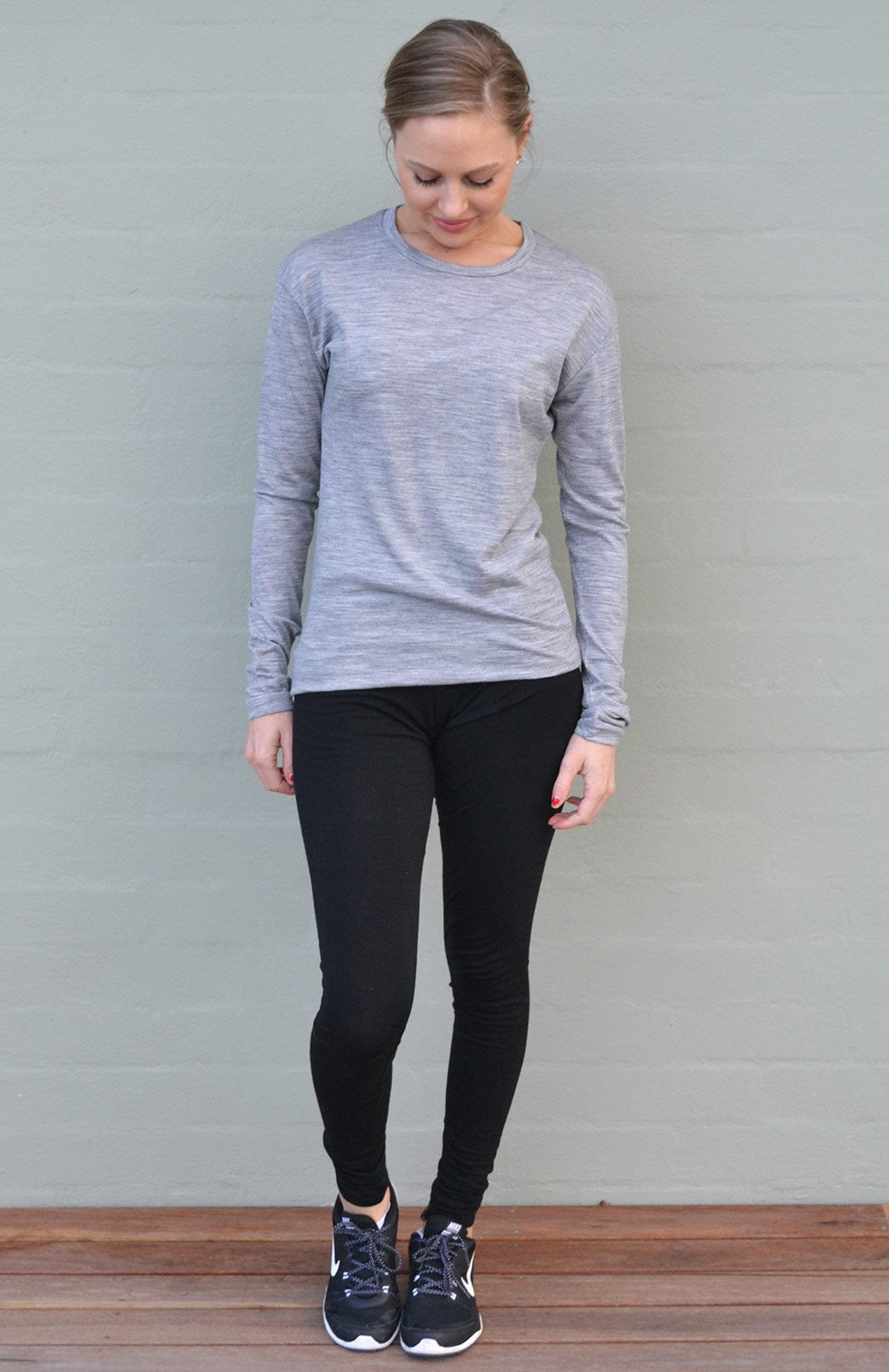 Light Grey Marl Women's Merino Wool Long Sleeve Lightweight Crew Neck Top