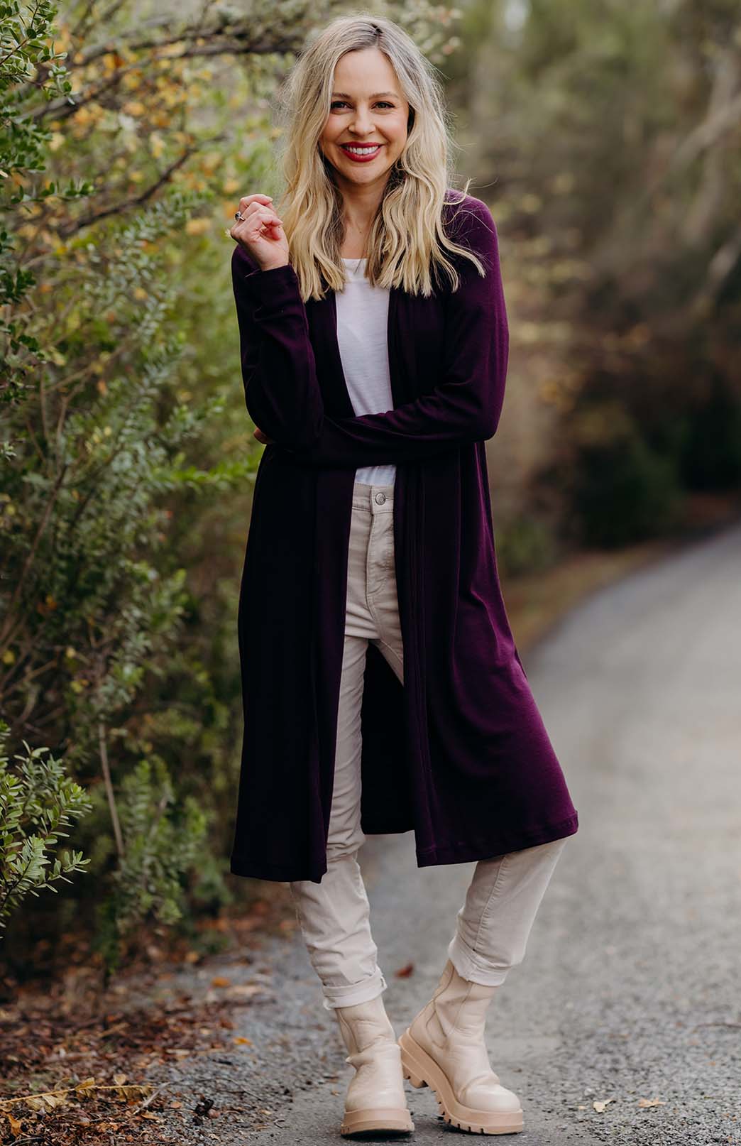 Aubergine Purple Women's Merino Wool Long Drape Cardigan
