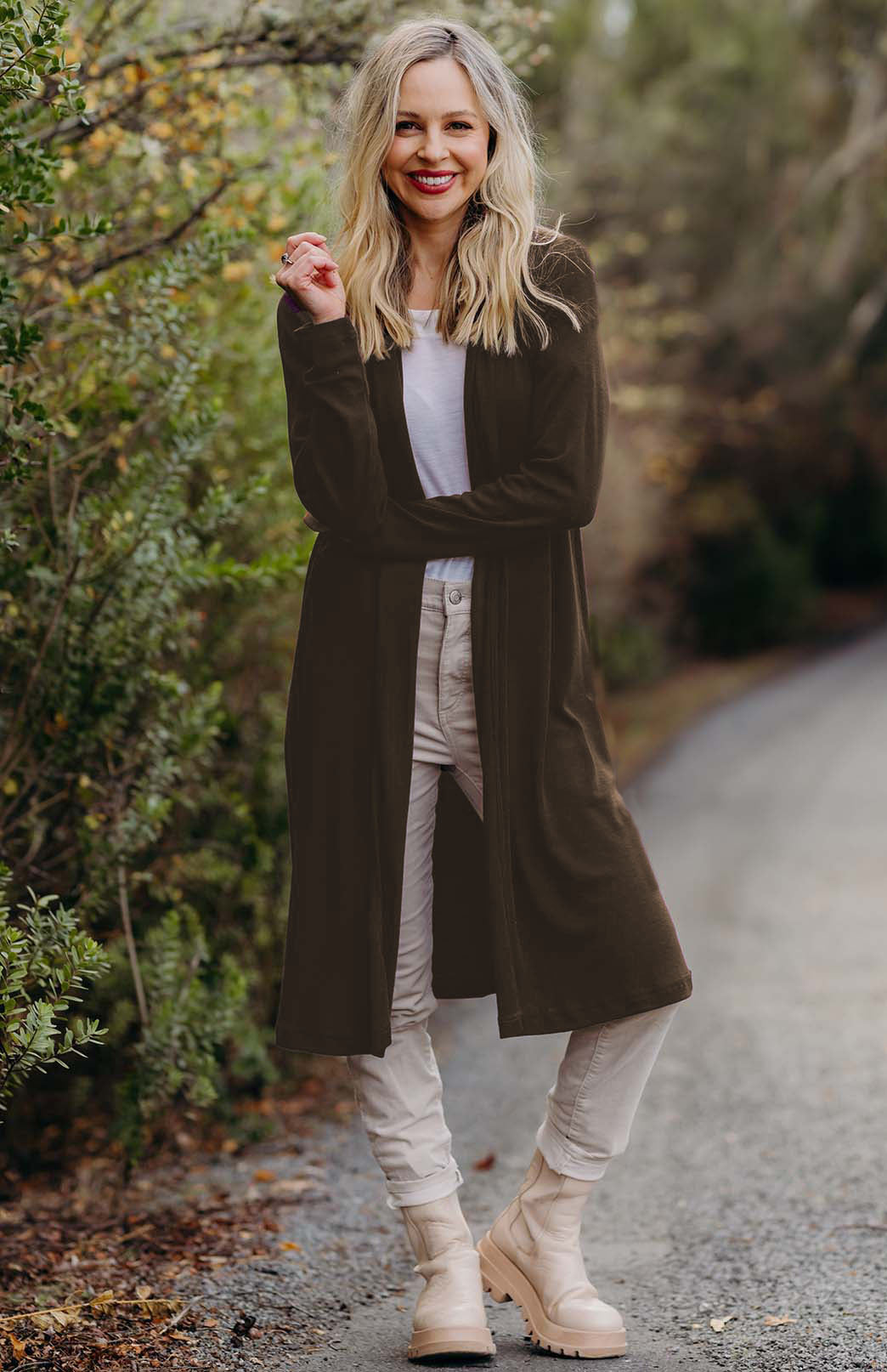 Chocolate Brown Women's Merino Wool Long Drape Cardigan
