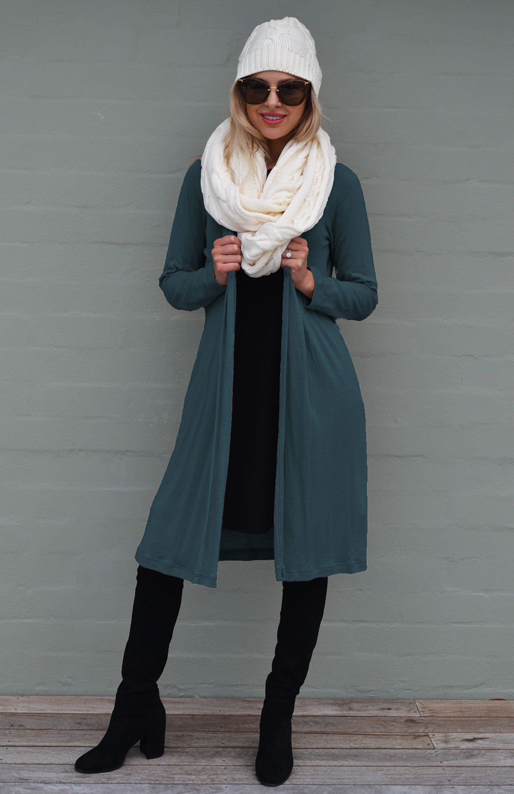 Deep Sea Green Women's Merino Wool Long Drape Cardigan