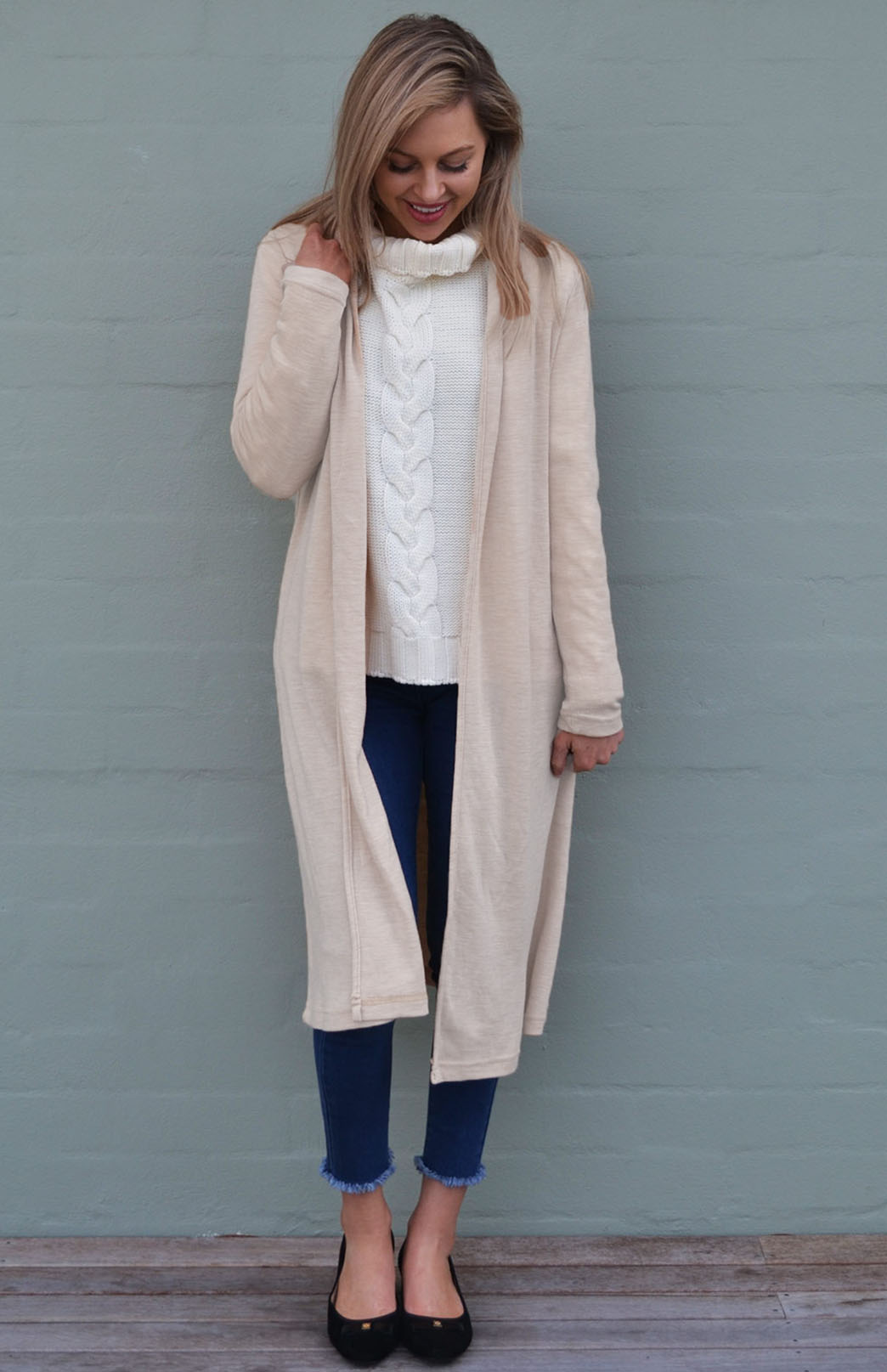 Soft Sand Women's Merino Wool Long Drape Cardigan