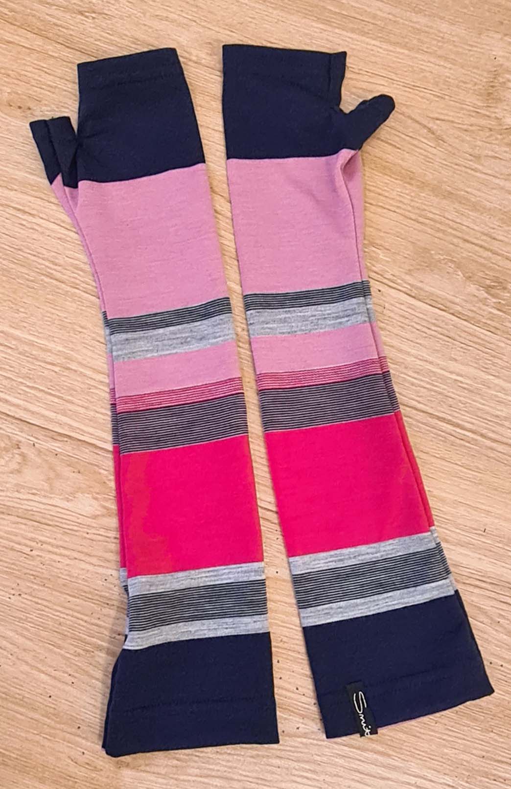 Rose Candy Pink & Navy Multi Stripe Unisex Superfine Merino Wool Elbow Length Fingerless Mitten Gloves 
