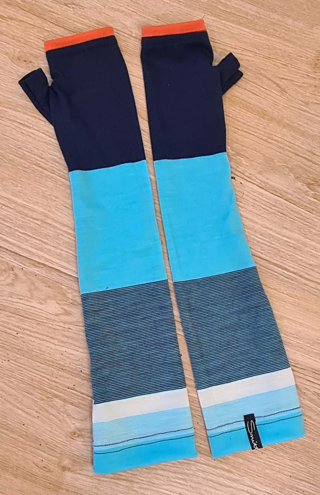 Turquoise & Orange Multi Stripe Unisex Superfine Merino Wool Elbow Length Fingerless Mitten Gloves 