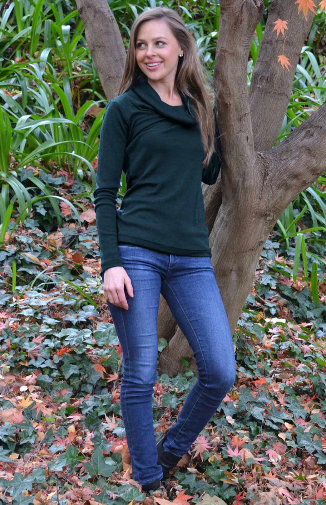 Deep Sea Green Women's Merino Wool Long Sleeve Cowl Neck Top