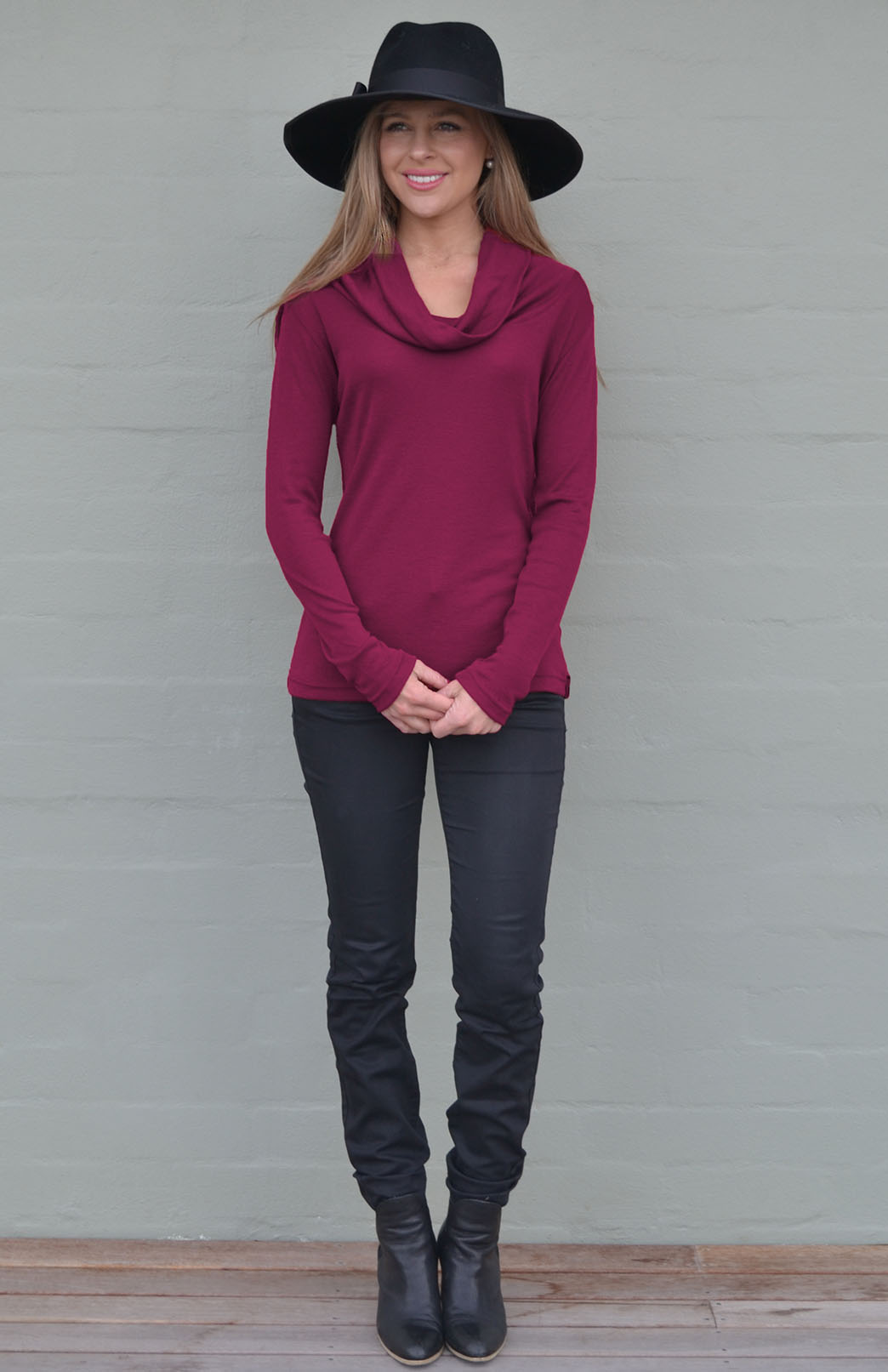 Magenta Women's Merino Wool Long Sleeve Cowl Neck Top