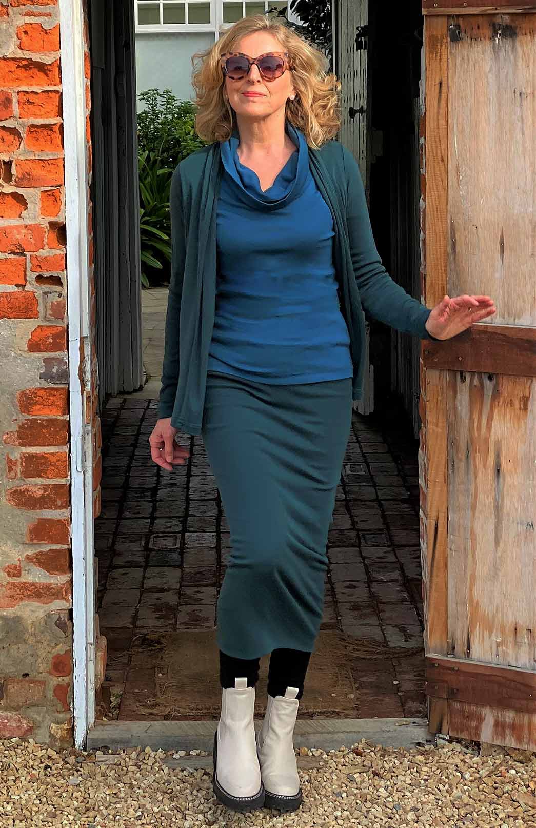 Storm Teal Women's Merino Wool Long Sleeve Cowl Neck Top