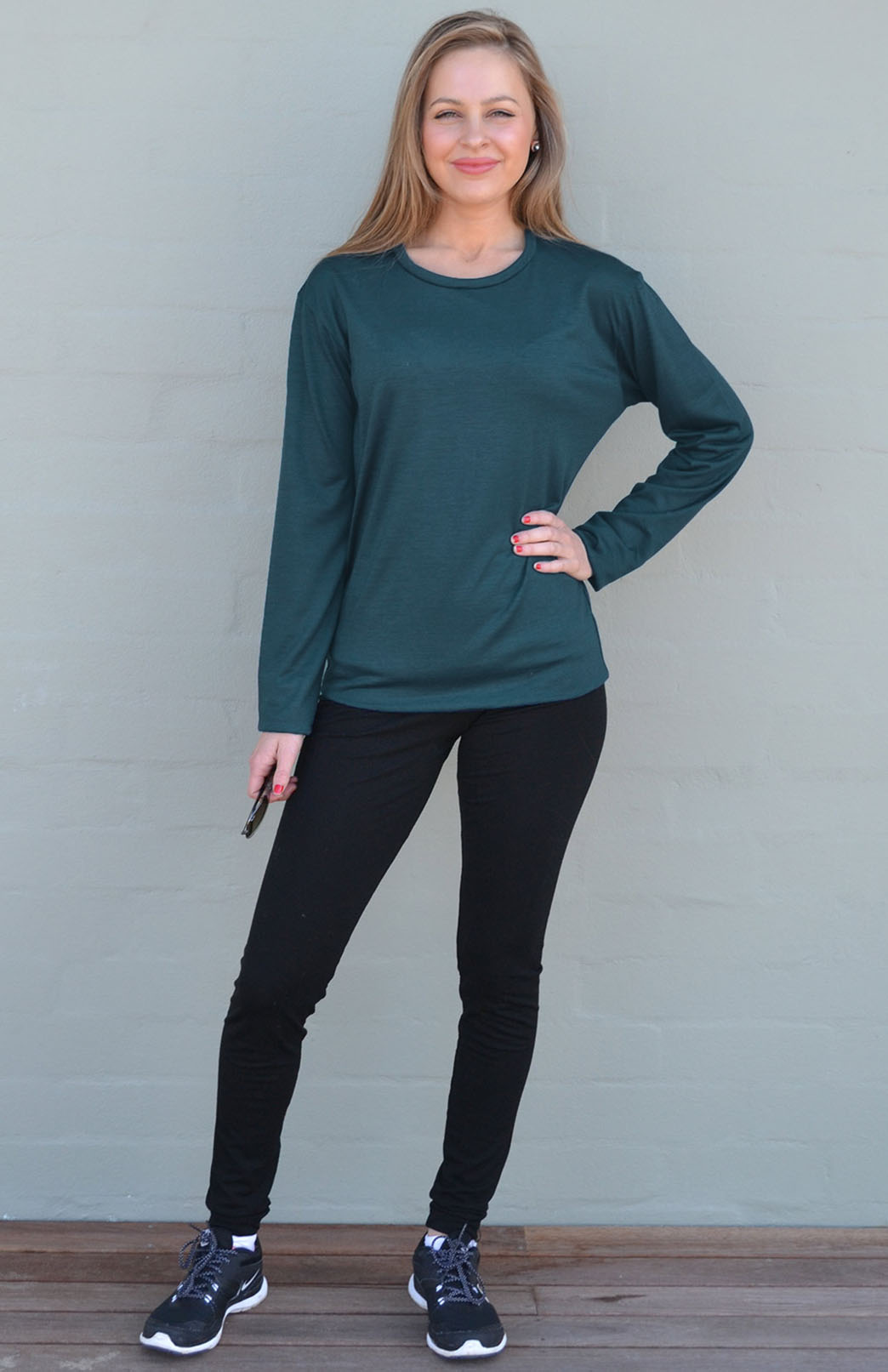 Deep Sea Green Women's Merino Wool Long Sleeve Midweight Crew Neck Top