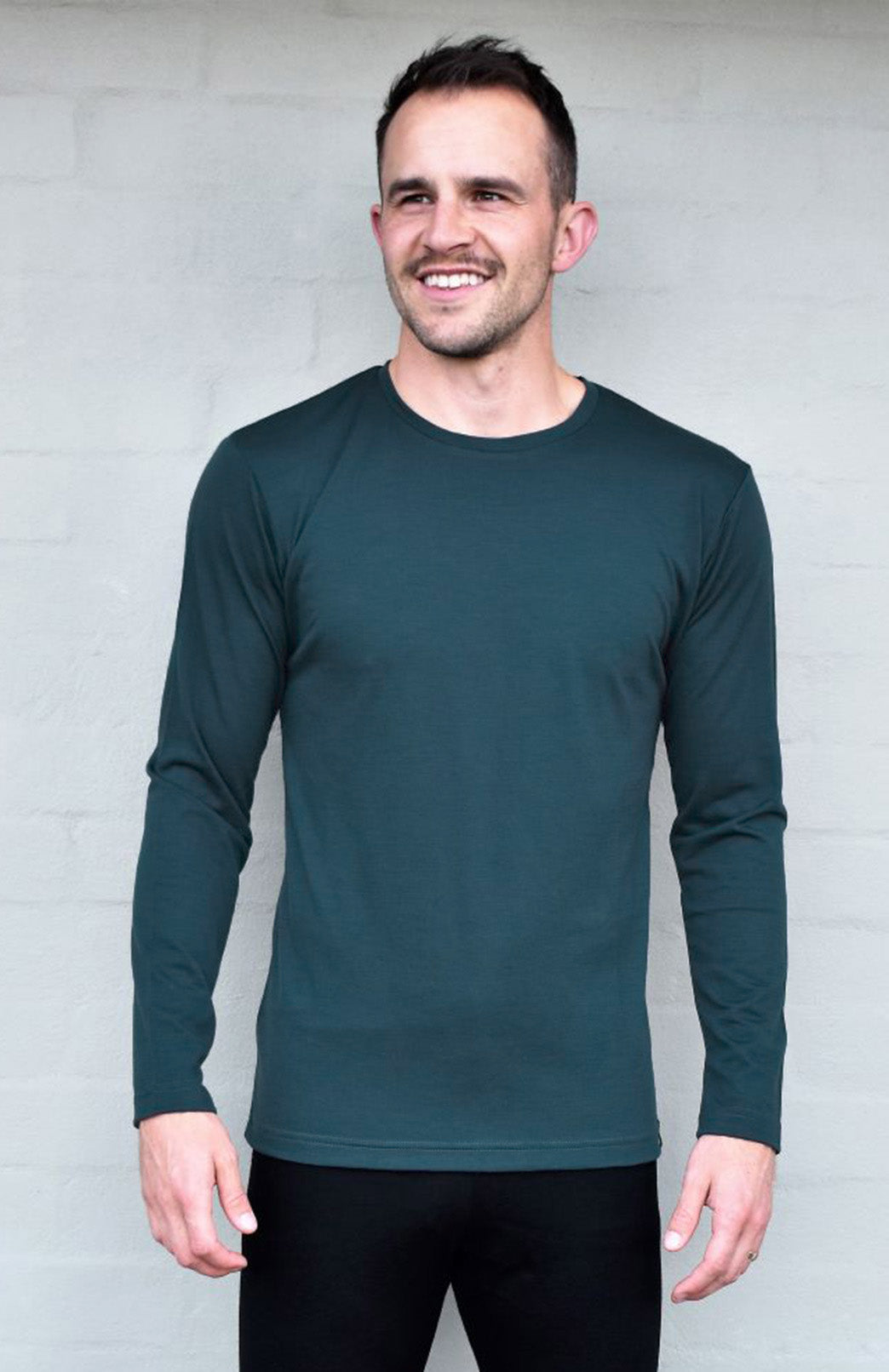 Deep Sea Green Men&#39;s Merino Wool Long Sleeve Midweight Crew Neck Top
