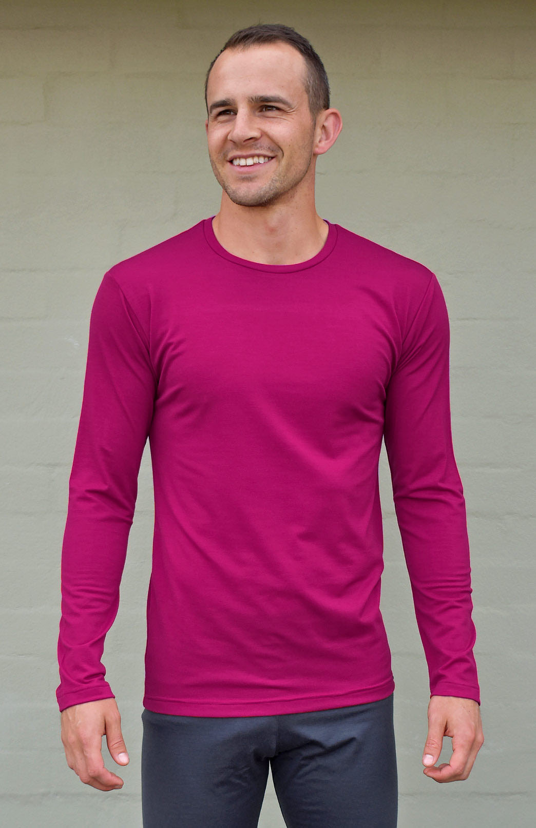 Magenta Men's Merino Wool Long Sleeve Midweight Crew Neck Top