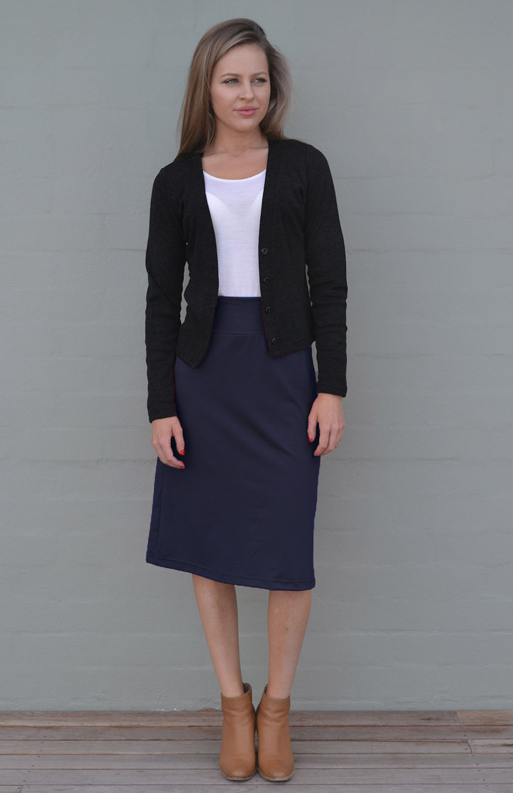 Navy Blue Women's Merino Wool A-Line Skirt with front pockets