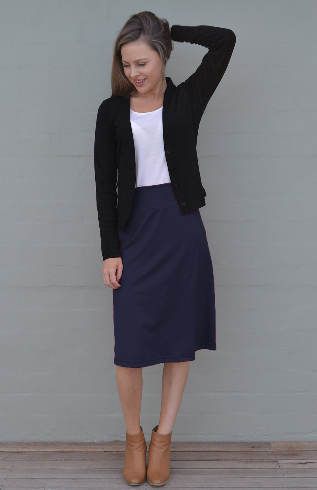 Navy Blue Women's Merino Wool A-Line Skirt with front pockets

