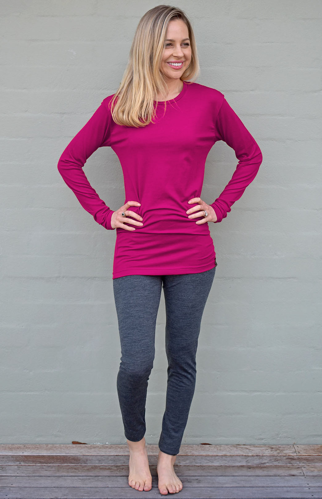 Magenta Women's Merino Wool Long Sleeve Midweight Crew Neck Top