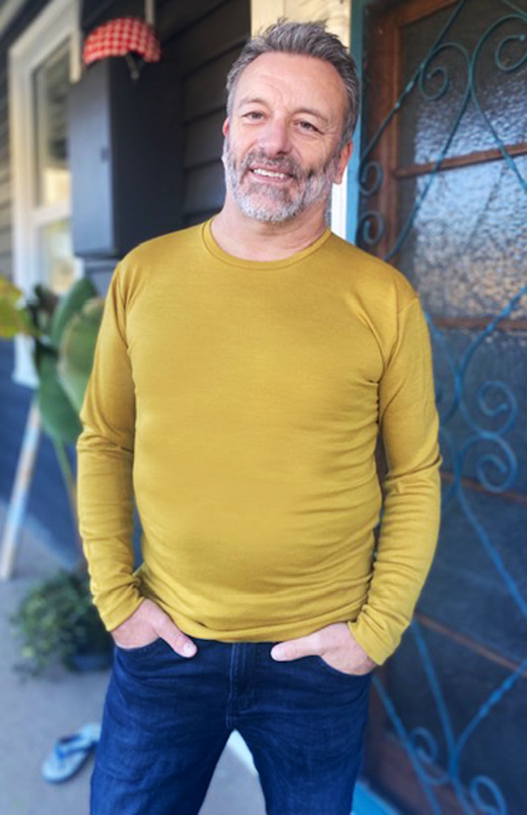 Golden Yellow Men's Merino Wool Long Sleeve Heavyweight Crew Neck Top