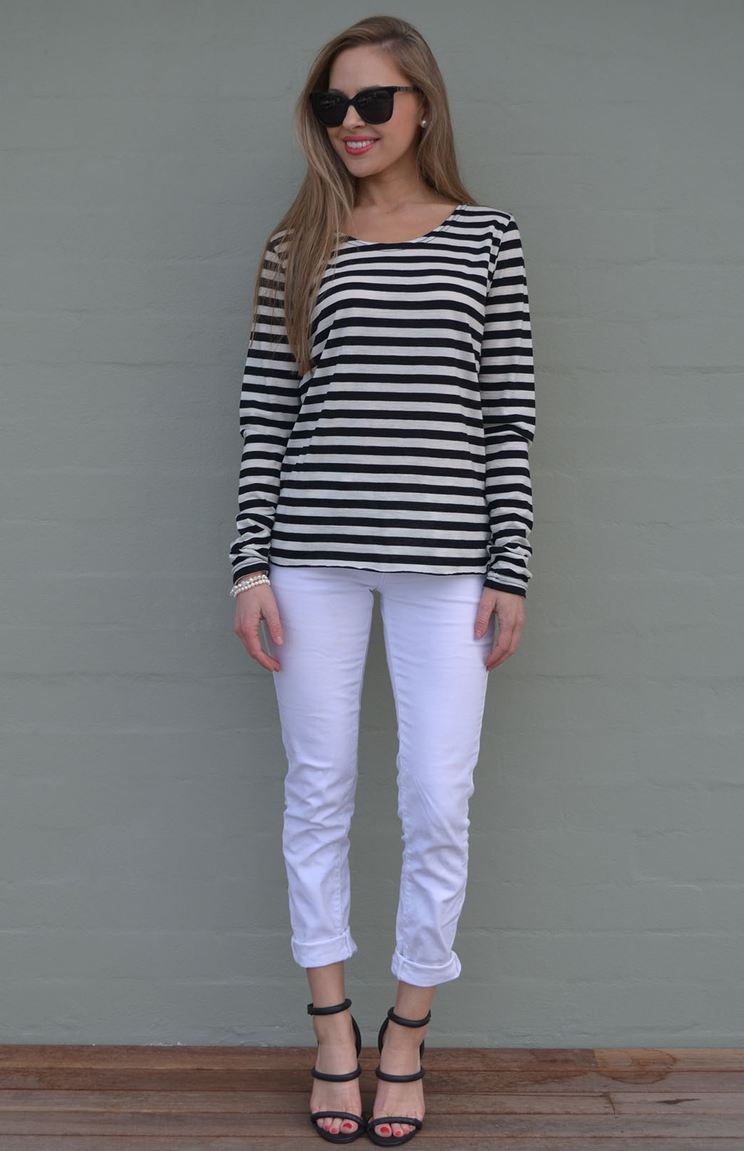 Black and Ivory Stripe Women's Long Sleeve Fashion Top