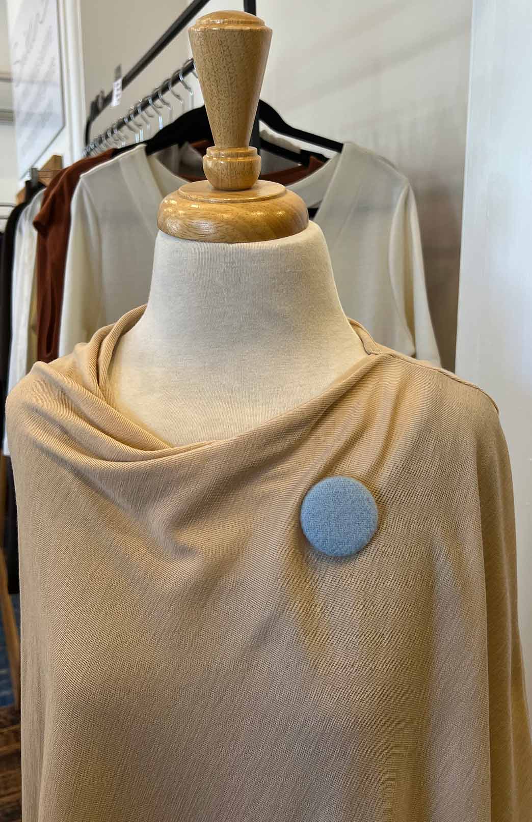Brooch Colour: Pale Blue Merino Wool Cape with Magnetic Button Neck Fastening 