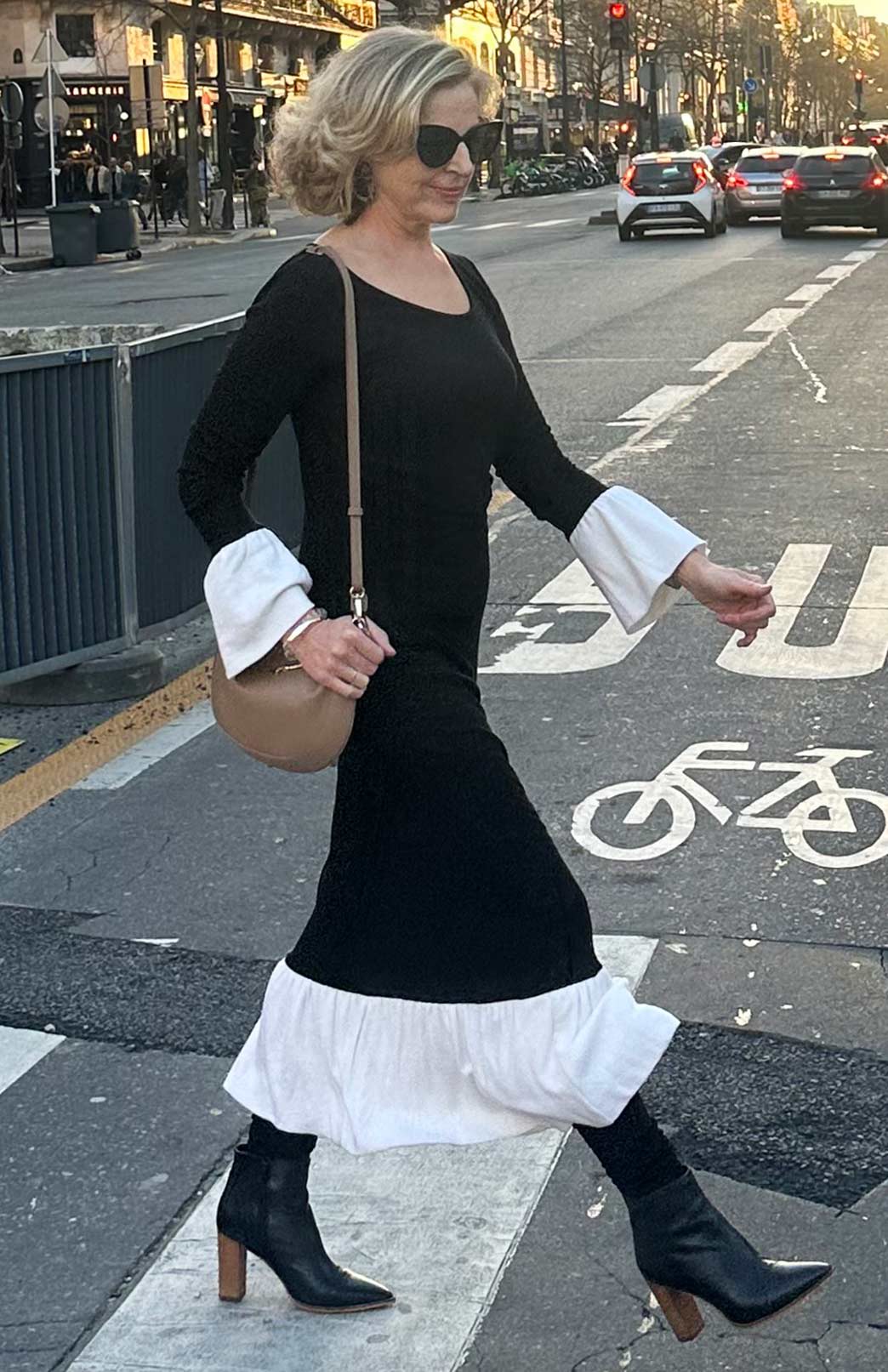 Black & Ivory Women's fitted merino wool dress with long sleeves and ruffle detail