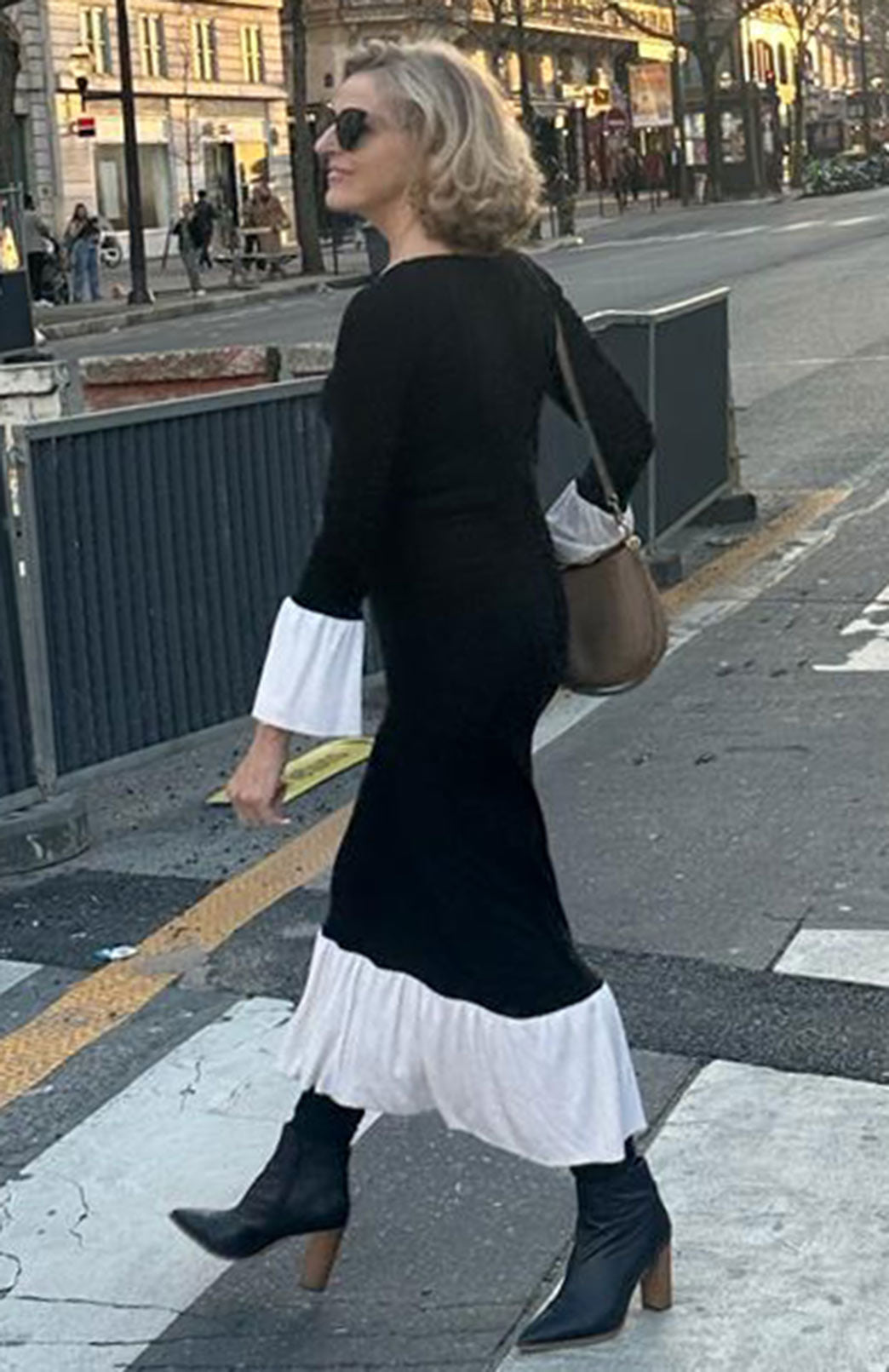 Black & Ivory Women's fitted merino wool dress with long sleeves and ruffle detail