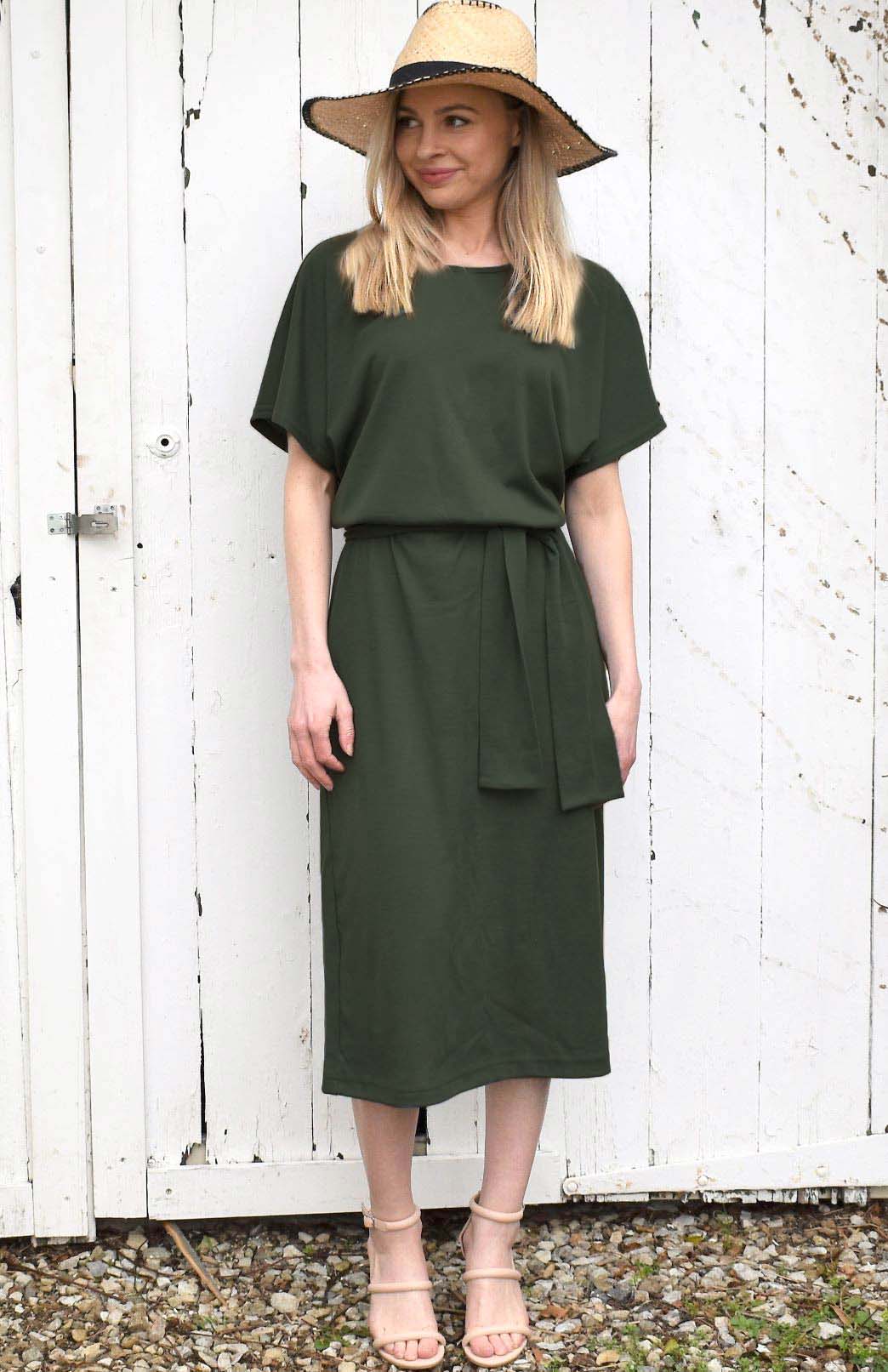 Kale Green Women's Merino Wool Loose Fit Dress with Waist Tie