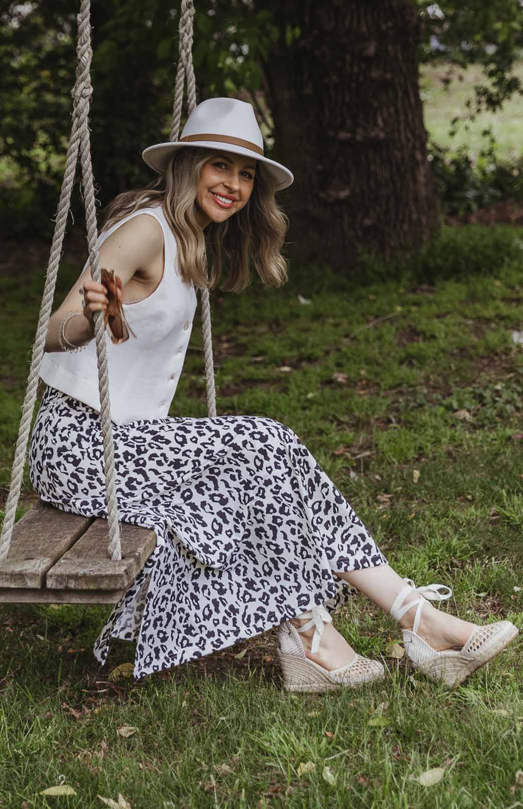 Vintage Ivory Leopard Women's Merino Wool Midweight A-Line Midi Skirt