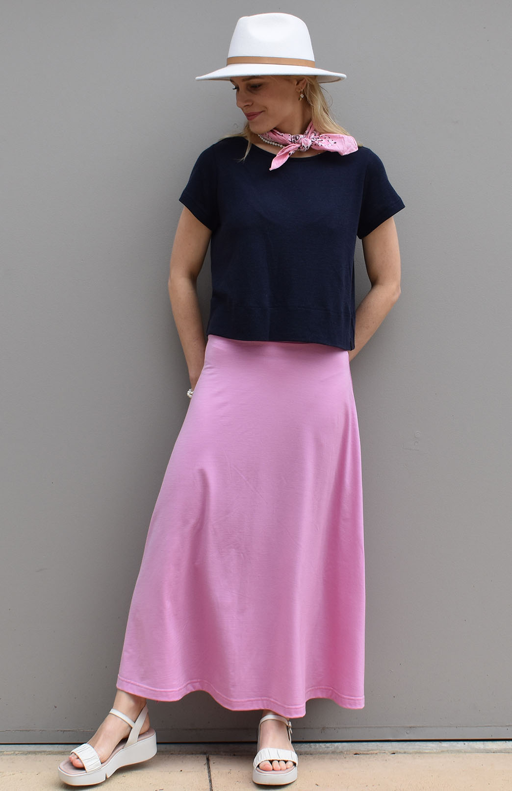 Crocus Pink Women's Merino Wool Midweight A-Line Midi Skirt