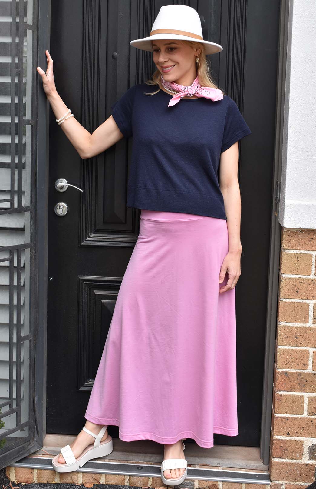 Crocus Pink Women's Merino Wool Midweight A-Line Midi Skirt