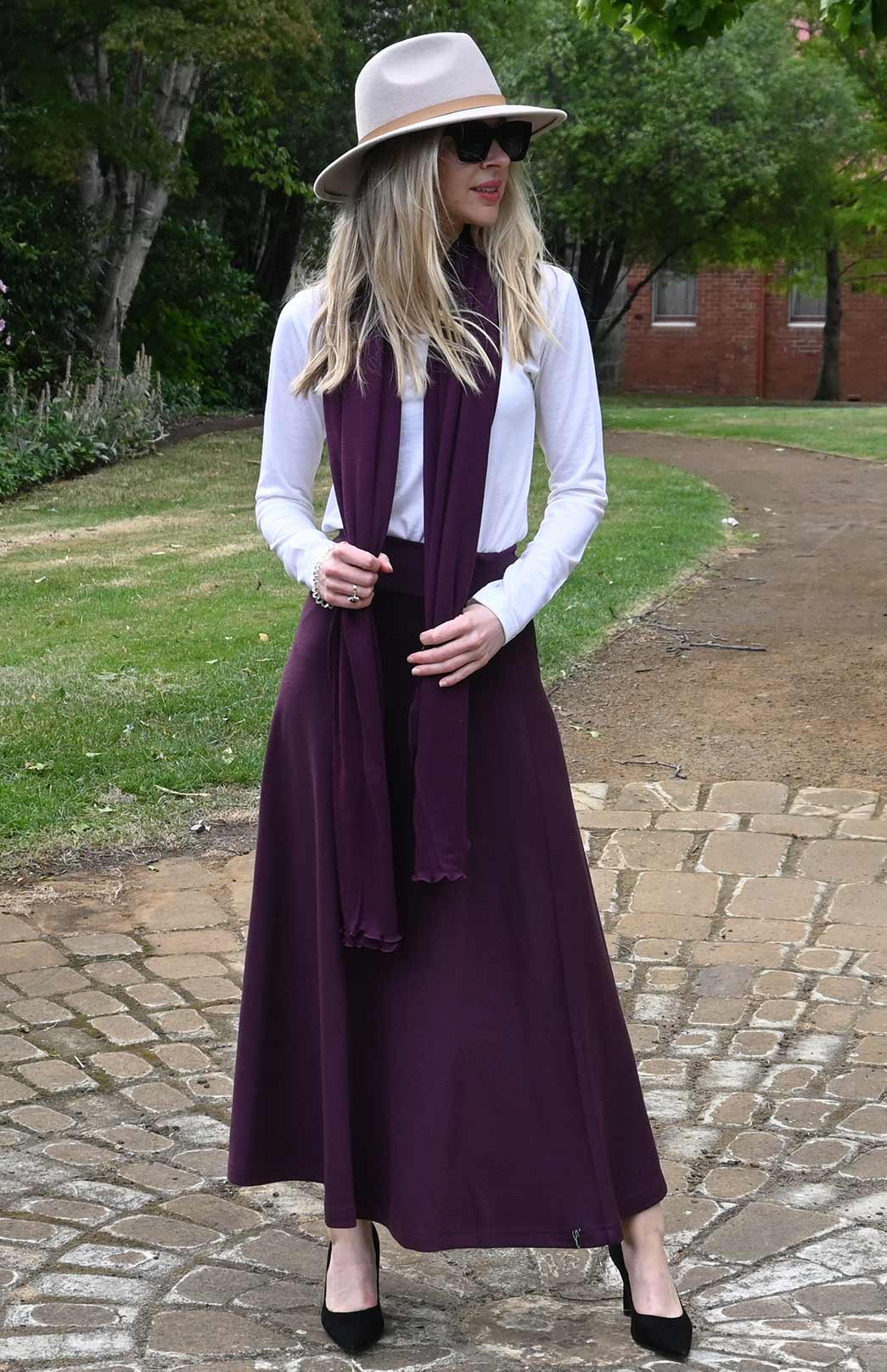 Aubergine Purple Women's Merino Wool Ponte A-Line Midi Skirt