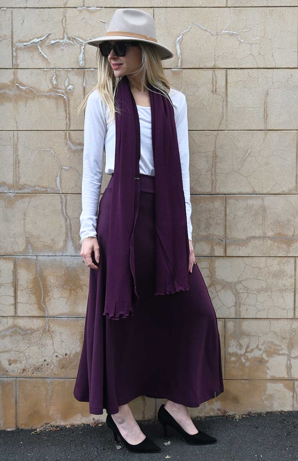 Aubergine Purple Women's Merino Wool Ponte A-Line Midi Skirt