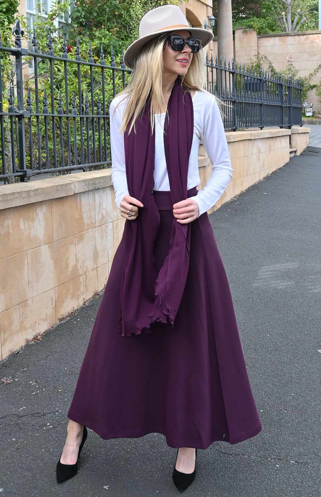 Aubergine Purple Women's Merino Wool Ponte A-Line Midi Skirt