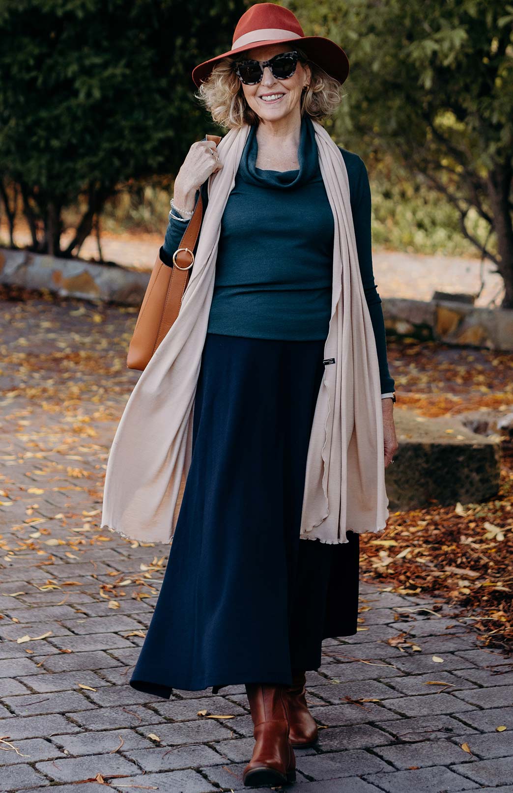 French Navy Blue Women's Merino Wool Ponte A-Line Midi Skirt