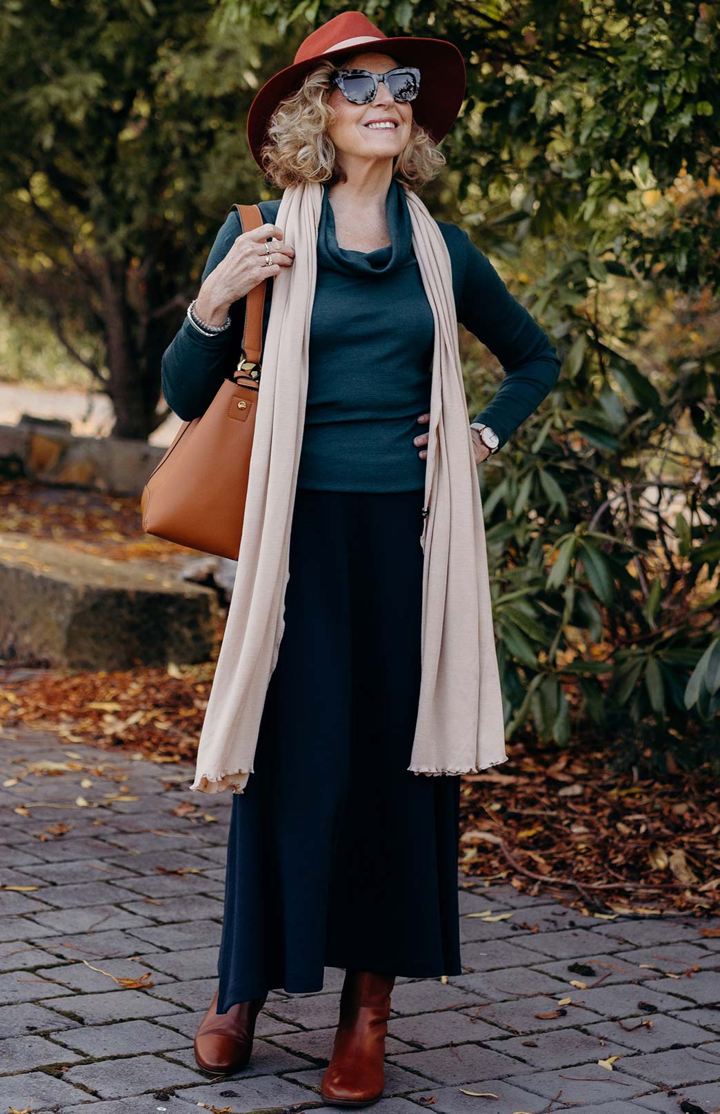 Deep Sea Green Women's Merino Wool Cowl Neck Top with Long Sleeves