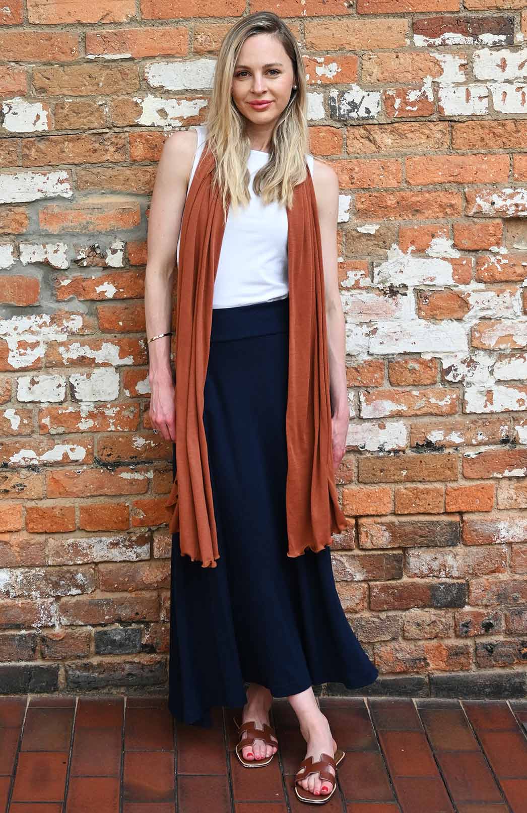 French Navy Blue Women's Merino Wool Midweight A-Line Midi Skirt