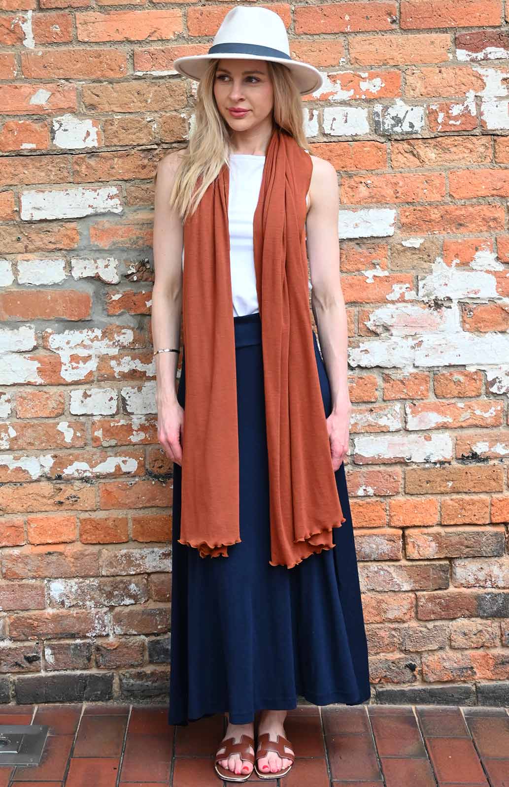 French Navy Blue Women's Merino Wool Midweight A-Line Midi Skirt

