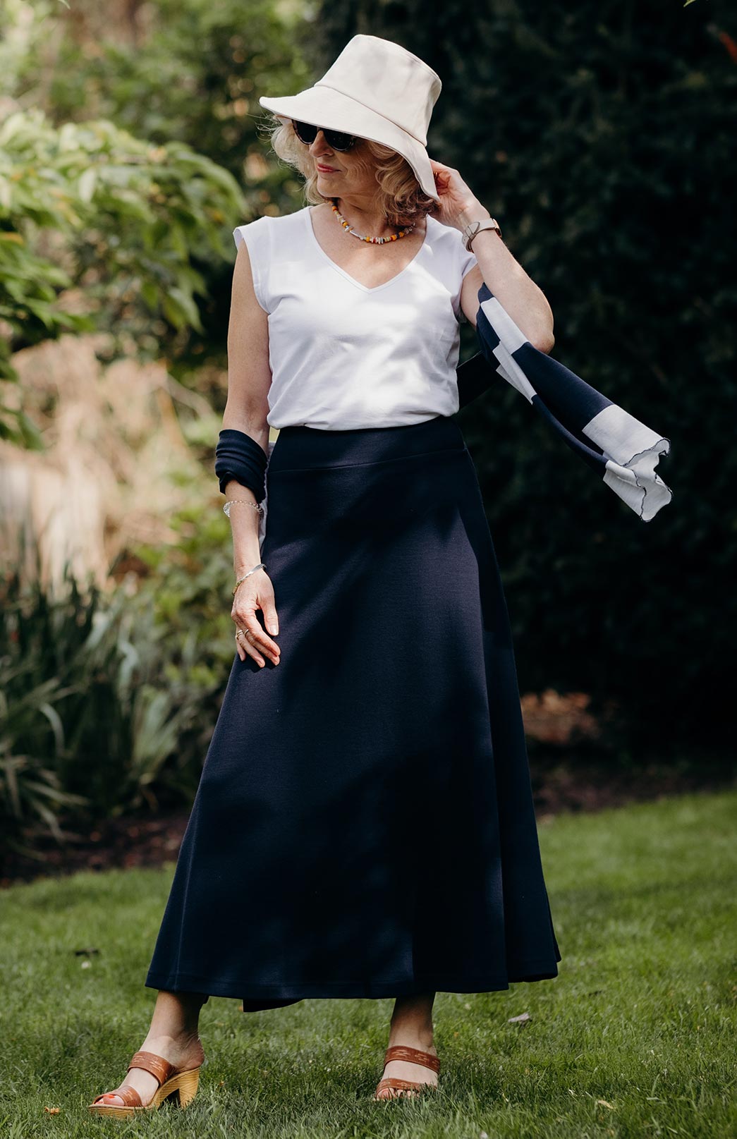 French Navy Blue Women's Merino Wool Ponte A-Line Midi Skirt