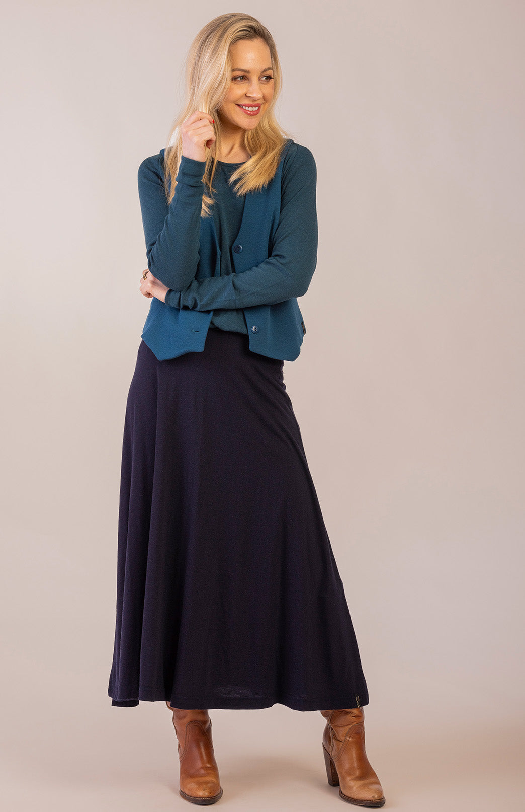 Navy Blue Women&#39;s Merino Wool Midweight A-Line Midi Skirt
